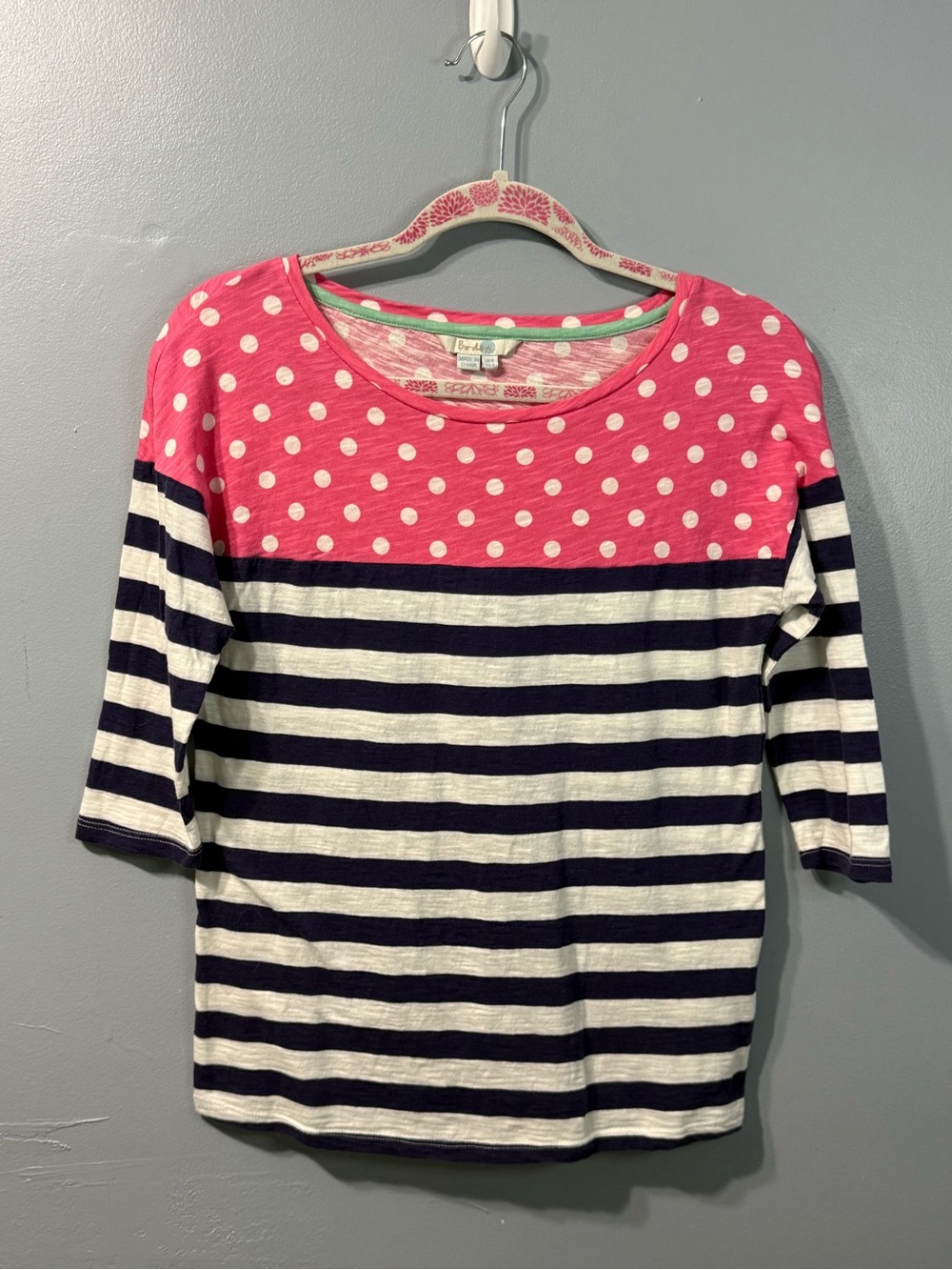 Boden Pink Polka Dot Blue Stripe Breton 3/4 Sleeve Jersey Top WL798 US 4